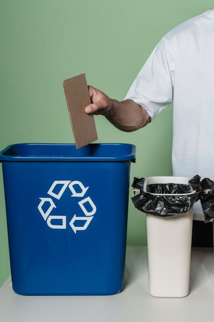 A person wearing a white shirt is holding a rectangular piece of brown cardboard above a blue recycling bin that displays a white recycling symbol on the front. The blue bin is positioned on a flat, light-colored surface against a plain green background. To the right of the blue bin, there is a smaller white waste container lined with a black plastic bag, which is loosely folded over the rim. The environment appears to be an indoor space typical of waste sorting or rubbish removal processes. The scene highlights the practice of separating recyclable materials, aligning with professional waste management and alternative waste handling methods facilitated by services such as Rubbish Clearance Maida Vale. The lighting is even and natural, emphasizing the textures of the cardboard, plastic bin, and waste bags, with no shadows obscuring details. This image reflects the straightforward act of sorting waste for collection or disposal in accordance with rubbish removal regulations and environmentally responsible practices.