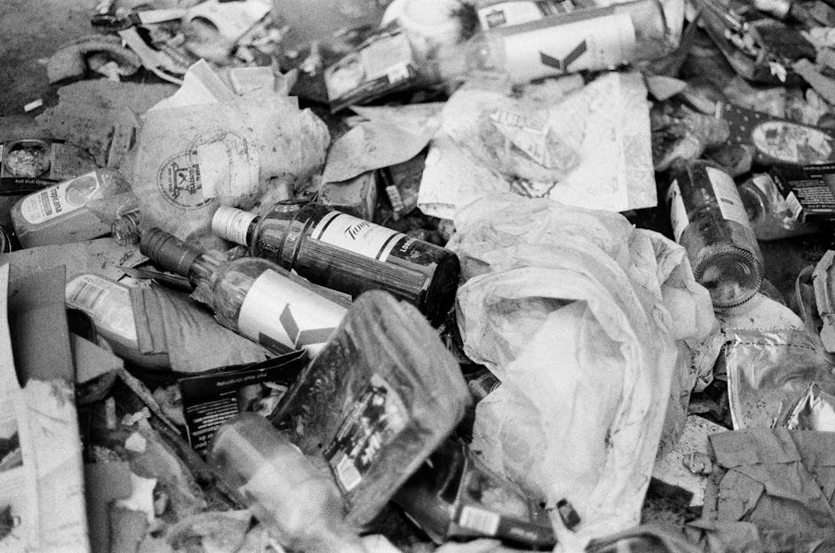 A large, untidy pile of discarded waste materials covers a surface, consisting of multiple empty glass bottles, some with labels and caps, scattered among crumpled paper and torn cardboard boxes. The bottles include clear, dark, and partially opaque types, with varied textures that reflect light differently, and are irregularly positioned, with some lying on their sides and others partially upright. Wrinkled plastic bags and loose paper are interspersed throughout, creating a cluttered scene typical of unmanaged rubbish accumulation. In the background, there are additional waste items, including packaging and debris, contributing to an overall impression of a messy, unorganized collection of refuse. The environment appears to be outdoors, possibly on a driveway, pavement, or garden area, under natural lighting conditions, emphasizing the disorder associated with private rubbish disposal or on-site clearance that might necessitate services like those provided by Rubbish Clearance Maida Vale. The image underscores the volume and variety of waste that can accumulate outside residential contexts, highlighting the need for proper collection and disposal methods in line with local rules or private waste management solutions.